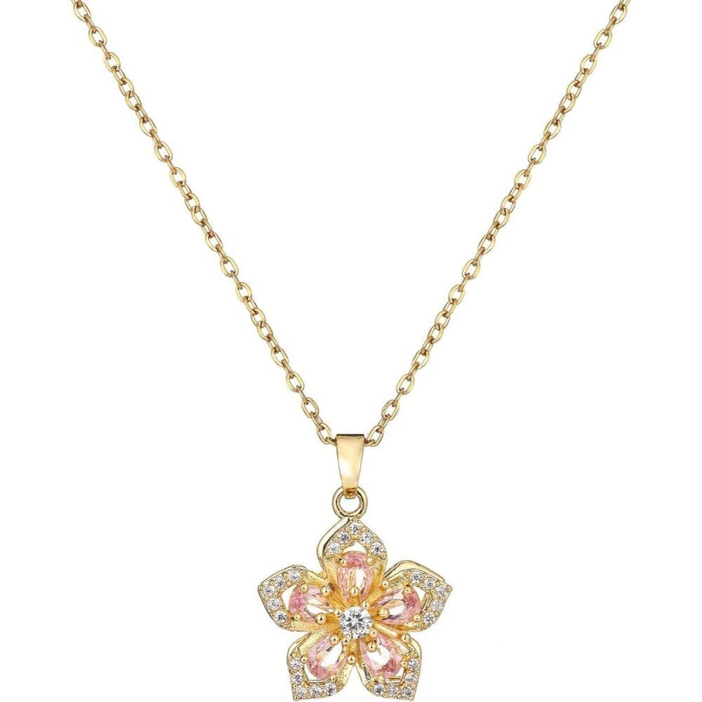 Women Gold Flower Fidget Pink Necklace Rotatable Crystal Blossom Pendant